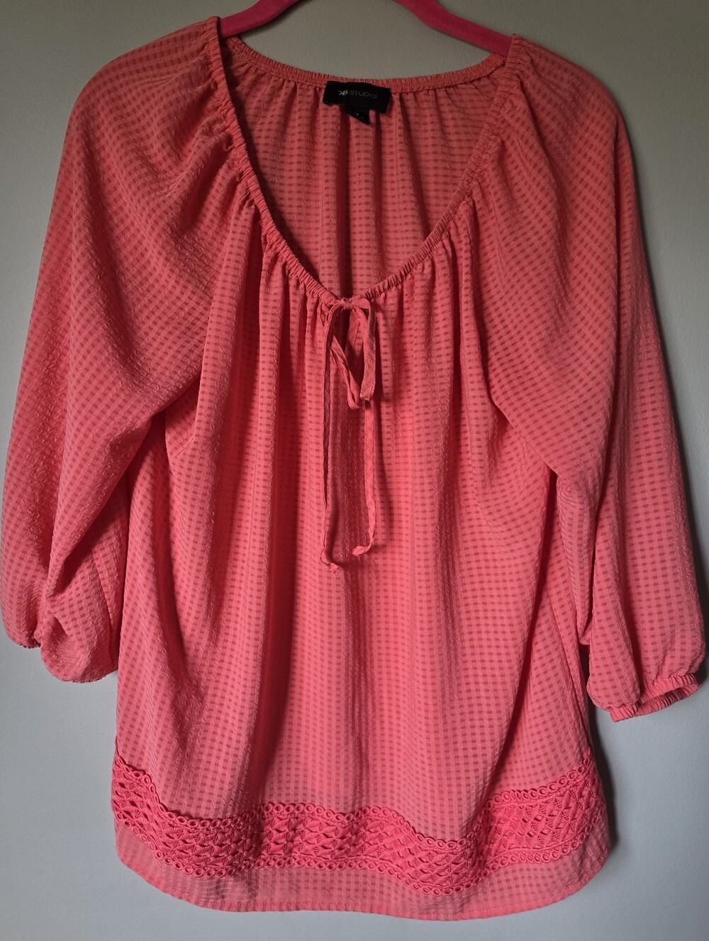 AB Studio Coral Pink Peasant Tunic with Tie Neck